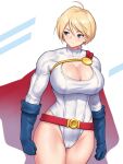  1girl belt blonde_hair blue_background blue_eyes blue_gloves breasts cape cleavage cleavage_cutout closed_mouth clothing_cutout covered_navel dc_comics gloves highres large_breasts leotard looking_to_the_side nestkeeper power_girl red_belt red_cape short_hair simple_background solo superman_(series) thighs two-tone_background white_background white_leotard 