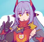  1girl bangs black_gloves black_shirt blue_background breasts brown_eyes gloves hair_between_eyes hand_up horns index_finger_raised large_breasts long_hair looking_at_viewer parted_lips poppi_(xenoblade) poppi_qtpi_(xenoblade) purple_hair reiesu_(reis) shirt solo two-tone_background upper_body white_background xenoblade_chronicles_(series) xenoblade_chronicles_2 
