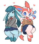  &lt;3 blue_body bottomwear clothed clothing co_asomasom duo eeveelution female generation_4_pokemon generation_6_pokemon glaceon hi_res male_(lore) nintendo pink-body pokemon pokemon_(species) simple_background skirt sylveon thick_thighs video_games white_background 