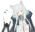  1girl 1other :o animal_ear_fluff animal_ears arknights arms_up bangs black_gloves black_jacket cat_ears doctor_(arknights) dress eighth_note fingerless_gloves gloves glowstick grey_hair hood hood_down hooded_jacket jacket leaning_to_the_side microphone microphone_stand musical_note open_clothes open_jacket open_mouth rosmontis_(arknights) sanma_(tabet_) shirt simple_background white_background white_dress white_shirt 