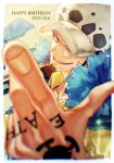  1boy beard black_hair blurry blurry_foreground commentary_request dated facial_hair finger_tattoo foreshortening goatee happy_birthday hat highres male_focus one_piece short_hair sideburns smile solo tattoo teeth toyoura_(23066494) trafalgar_law upper_teeth 