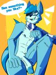  2022 5_fingers abs absurd_res anthro big_penis black_eyepatch blue_body blue_eyes blue_fur blue_glans blue_hair blue_inner_ear blue_nipples blue_pupils blue_scarf blush bodily_fluids chest_tuft clothing cute_fangs dialogue dutch_(skweekers) english_text erection fingers front_view fur genital_fluids genitals glans hair half-closed_eyes hand_on_leg hand_on_thigh hi_res male mammal narrowed_eyes nipples open_mouth pattern_clothing pattern_scarf penis pose precum procyonid pupils raccoon scarf skweekers smile smirk solo speech_bubble striped_clothing striped_scarf stripes text throbbing_penis tuft vein veiny_penis white_scarf 