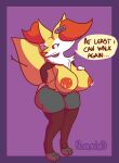  absurd_res anthro arm_warmers armwear big_breasts big_butt bodily_fluids braixen breasts butt camel_toe chest_tuft clothing digital_media_(artwork) ear_tuft english_text female fluffy fluffy_tail generation_6_pokemon hi_res huge_breasts huge_butt inner_ear_fluff lactating legwear nintendo nokamiwd pokemon pokemon_(species) short_stack simple_background solo stockings text tuft video_games 
