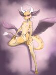  2022 3:4 anthro areola breasts clothing evilymasterful eyebrows eyelashes feathered_wings feathers female fingerless_gloves genitals gloves handwear horn jewelry kobold looking_at_viewer navel necklace nipples pussy small_breasts solo spade_tail succubus toeless_legwear wings 