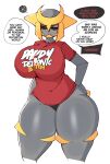  2022 absurd_res anthro big_breasts black_sclera breasts clothing english_text female generation_4_pokemon giratina grey_body hand_on_hip hi_res legendary_pokemon nintendo panties pokemon pokemon_(species) profanity red_eyes saltyxodium shirt simple_background solo text thick_thighs topwear underwear video_games white_background 