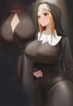  1girl absurdres ass_cutout bangs black_dress blonde_hair blush breasts butt_crack cleavage cleavage_cutout clothing_cutout dress habit highres large_breasts multiple_views nun original parted_bangs rororo smile spotlight taut_clothes taut_dress 