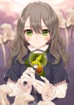  amamiya_chiharu animal_bones brown_hair gloves green_eyes green_ribbon holding holding_magnifying_glass long_sleeves magnifying_glass medium_hair neck_ribbon original ribbon seed smile wavy_hair white_gloves 