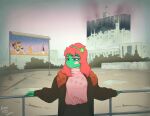  5_fingers amphibian anthro billboard bottomwear building_fire city cityscape clothed clothing coat detailed_background female fingers frog jacket kisa_(upov) makeup photo retro skirt smoke solo square sweater synthwave topwear turtleneck upov 