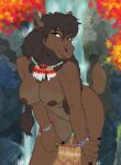  anthro autumn bent_over bracelet braided_hair breasts brown_body brown_fur capreoline cervid female fur hair jewelry loincloth_down loincloth_only long_hair looking_at_viewer mammal moose musa_blackhoof navel necklace nipples smile solo style_wager waterfall 