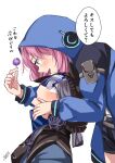  2girls arknights blue_eyes blue_hair blue_jacket blue_poison_(arknights) blush candy commentary eye_contact face-to-face food glaucus_(arknights) grey_hair hand_on_another&#039;s_cheek hand_on_another&#039;s_face holding holding_candy holding_food holding_lollipop hood hooded_jacket jacket lollipop long_sleeves looking_at_another multicolored_hair multiple_girls open_mouth pink_hair sign streaked_hair translation_request tsuyuki_yuki white_background yuri 