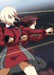  2girls belt black_pantyhose blonde_hair blue_ribbon brown_hair bullet enfuku firing grey_skirt gun handgun harukawa_fuki holding holding_gun holding_magazine_(weapon) holding_weapon jacket long_sleeves looking_to_the_side lycoris_recoil lycoris_uniform multiple_girls nishikigi_chisato open_mouth pantyhose pleated_skirt red_belt red_eyes red_jacket red_skirt reloading ribbon school_uniform skirt thighhighs two-tone_skirt weapon 