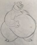  2019 anthro belly big_belly claws fangs fur hand_on_stomach hi_res looking_at_viewer male mammal navel nude obese obese_anthro obese_male open_mouth overweight overweight_anthro overweight_male praceph smile smiling_at_viewer solo standing toe_claws ursid 