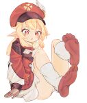  1girl blonde_hair chaosexceed feet foot_focus genshin_impact klee_(genshin_impact) leg_warmers legs_up no_shoes panties red_eyes red_socks sitting socks soles underwear 