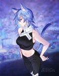  1girl animal_ear_fluff animal_ears bangs blue_eyes blue_hair blurry blurry_background breasts cat_ears cat_tail character_name dated empew hand_on_hip long_hair medium_breasts midriff navel original sleeveless solo tail 