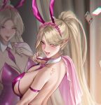  1girl animal_ears blonde_hair breasts card character_request different_reflection earrings fake_animal_ears highres indie_virtual_youtuber jewelry large_breasts leotard mole mole_on_breast necktie pink_eyes pink_leotard pink_necktie playboy_bunny playing_card pointy_ears ponytail rabbit_ears reflection ring star_(symbol) tongue tongue_out tsuki_no_i-min virtual_youtuber 