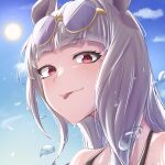  1girl :p absurdres animal_ears bare_shoulders blue_sky closed_mouth cloud commentary_request day eyewear_on_head gold_ship_(run_revolt_launcher)_(umamusume) gold_ship_(umamusume) grey_hair highres horse_ears looking_at_viewer merurunya outdoors purple-tinted_eyewear red_eyes sky smile solo sun super_smashing_summer_vacation_(umamusume) tinted_eyewear tongue tongue_out umamusume upper_body water_drop yellow-framed_eyewear 