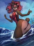  2022 3:4 5_fingers anthro breasts brown_body brown_fur brown_nose butt carly_bear clothing cloud day digital_media_(artwork) female fingers fur general-irrelevant groucho_glasses hair hi_res looking_at_viewer mammal one-piece_swimsuit open_mouth outside palm_tree plant red_eyes red_hair smile solo swimwear tree ursid water 