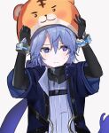  1boy animal_hat bangs black_gloves blue_eyes blue_jacket blush bracelet commentary_request elbow_gloves elsword gloves grey_background hair_between_eyes hat highres jacket jewelry korean_commentary looking_to_the_side male_focus noah_ebalon open_clothes open_jacket pba_471 purple_hair ribbed_shirt shirt short_hair short_sleeves silent_shadow_(elsword) simple_background solo sweat tiger_hat upper_body white_shirt 