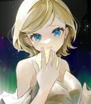  1girl aurora bangs bare_shoulders black_sky blonde_hair blue_eyes commentary dress earrings hair_down history holding jewelry kagamine_rin long_eyelashes looking_at_viewer pale_skin short_hair sky solo star_(sky) starry_sky strapless strapless_dress swept_bangs vocaloid white_dress yori_(user_yvfv5333) 