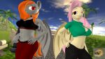  16:9 3d_(artwork) 4k abs absurd_res andromedika anthro bat_ears bat_pony bat_wings bra clothed clothing collar digital_media_(artwork) duo equid equine eye_contact female female/female flutterbat_(mlp) fluttershy_(mlp) friendship_is_magic hand_on_hip hasbro hi_res leggings legwear light looking_at_another mammal membrane_(anatomy) membranous_wings mr.guinea_pig muscular muscular_anthro muscular_female my_little_pony open_clothing open_shirt open_topwear palm_tree plant shirt smile sports_bra sunlight topwear tree underwear widescreen wings 