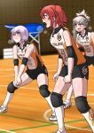  3girls bangs breasts breath burningsushi clenched_hands closed_mouth collared_shirt dripping elbow_pads fate/grand_order fate_(series) fujimaru_ritsuka_(female) green_eyes grey_hair gym hair_over_one_eye highres indoors knee_guards kneehighs leaning_forward long_hair looking_at_another looking_up mash_kyrielight miyamoto_musashi_(fate) multiple_girls open_mouth own_hands_together pink_hair ponytail purple_eyes red_eyes red_hair shiny shiny_skin shirt shoes short_hair shorts shouting side_ponytail sleeveless small_breasts socks sportswear squatting sweat sweaty_clothes thighs volleyball volleyball_uniform 