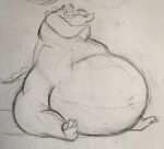  2019 alligator alligatorid anthro belly big_belly crocodilian fangs half-closed_eyes hi_res looking_down looking_down_at_self looking_down_at_stomach male narrowed_eyes navel nude obese obese_anthro obese_male overweight overweight_anthro overweight_male praceph reptile scalie sitting sketch smile solo 