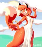  absurd_res anthro bracelet breasts canid canine clothing cloud dress ear_piercing ear_ring female fox hi_res jewelry low-angle_view mammal okasaira open_mouth open_smile patricia_mac_sionnach piercing ring_piercing smile solo sun 