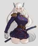  1girl bangs breasts curvy fkskii65 gloves hair_between_eyes hair_ornament headgear highres holding holding_sheath holding_sword holding_weapon huge_breasts katana large_breasts long_hair mato_seihei_no_slave military military_uniform pleated_skirt red_eyes sheath sheathed simple_background skirt solo sword thick_thighs thighs uniform upper_body uzen_kyouka very_long_hair weapon white_gloves white_hair wide_hips zettai_ryouiki 