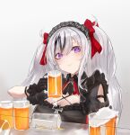  1girl absurdres alcohol azur_lane bangs beer beer_mug black_dress black_gloves black_hairband blush breasts closed_mouth cup dress elbe_(azur_lane) elbe_(time_to_show_off?)_(azur_lane) gloves hairband highres holding holding_cup lips long_hair looking_at_viewer lump_saury medium_breasts mug multicolored_hair official_alternate_costume purple_eyes red_ribbon ribbon smile solo streaked_hair twintails upper_body white_background white_hair 