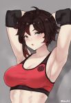 1girl armpits arms_behind_head bluefield breasts brown_hair elbow_sleeve grey_background grey_eyes highres large_breasts looking_at_viewer open_mouth red_sports_bra ruby_rose rwby short_hair simple_background solo sports_bra sweat upper_body 