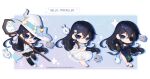 absurdres artist_name bangs black_hair black_thighhighs blue_eyes boots chibi commission english_text expressions full_body hat highres indie_virtual_youtuber long_hair rabbit seol_(teacuppity) smile speech_bubble thighhighs tokkiria variations witch_hat 