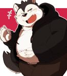 2022 96tning anthro belly big_belly black_nose bottomwear canid canine canis clothing hoodie humanoid_hands kemono male mammal one_eye_closed overweight overweight_male pants simple_background solo topwear wink wolf 
