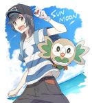  1boy bad_id bad_twitter_id black_hair blush clenched_hand cloud cowboy_shot day elio_(pokemon) hat holding holding_poke_ball looking_at_viewer male_focus ocean open_mouth poke_ball poke_ball_(basic) pokemon pokemon_(creature) pokemon_(game) pokemon_sm rowlet shirt sky wings yairo_(sik_s4) z-ring 