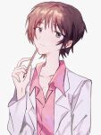  1girl brown_hair closed_mouth highres holding holding_pencil ikari_yui labcoat looking_at_viewer neon_genesis_evangelion pencil pink_shirt shirt short_hair simple_background solo white_background wwei11501 