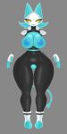  anthro armor big_breasts black_body blue_body blue_hair blue_skin blue_tail boots breasts clothing deltarune felid feline female feral floating_arms footwear genitals hair hi_res mammal nipples plug pussy solo tasque_manager thick_thighs undertale_(series) video_games white_armor yellow_eyes zeroart_(artist) 
