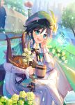  1boy aminww_amingming androgynous balloon beret black_hair blue_hair bow braid brooch bug butterfly cape chinese_commentary collared_cape collared_shirt commentary_request corset crystalfly_(genshin_impact) cup day diamond_(shape) flower frilled_sleeves frills gem genshin_impact gradient_hair green_cape green_eyes green_hat green_shorts hand_on_own_cheek hand_on_own_face hat hat_flower highres holding holding_cup holding_instrument instrument jewelry leaf light_particles long_sleeves looking_at_viewer lyre male_focus mug multicolored_hair open_mouth outdoors pantyhose pennant shirt short_hair_with_long_locks shorts side_braids sidelocks smile solo string_of_flags teeth tree twin_braids upper_teeth_only venti_(genshin_impact) vision_(genshin_impact) white_flower white_pantyhose white_shirt 