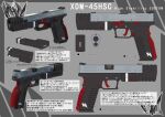  atsajh grey_background gun handgun highres magazine_(weapon) multiple_views no_humans original reference_sheet translation_request trigger weapon weapon_focus weapon_name 