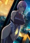  1girl absurdres bangs bare_shoulders bodysuit breasts cyberpunk_(series) cyberpunk_edgerunners highres large_breasts long_sleeves looking_at_viewer lucy_(cyberpunk) multicolored_hair red_eyeliner smile solo thighs torahime_(roland00) 