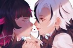  2girls arlecchino_(genshin_impact) black_hair blush closed_eyes columbina_(genshin_impact) face-to-face genshin_impact heart imminent_kiss looking_at_another multicolored_hair multiple_girls pink_hair sweat symbol-shaped_pupils white_hair x-shaped_pupils xioviie yuri 