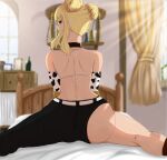  1girl absurdres ass bangs bed bedroom blonde_hair curtains curvy double_bun fairy_tail hair_bun highres looking_at_viewer lucy_heartfilia on_bed sitting solo spread_legs thick_thighs thighs user_ngkx8442 wide_hips 