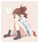  1girl bad_id bad_twitter_id blue_eyes blush brown_hair cheren_(pokemon) cheren_(pokemon)_(cosplay) collared_shirt cosplay denim denim_shorts hilda_(pokemon) pokemon pokemon_(game) pokemon_bw pokemon_bw2 ponytail shirt shorts sitting socks solo translated v-shaped_eyebrows yairo_(sik_s4) 