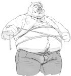  2022 anthro belly big_belly bottomwear clothed clothing humanoid_hands kemono male mammal monochrome moobs overweight overweight_male pants raised_clothing raised_shirt raised_topwear shirt simple_background solo suid suina sus_(pig) topwear wild_boar yamakake 