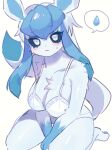  anthro big_breasts blue_body blue_eyes blue_fur blue_hair blush bodily_fluids bra breasts butt chest_tuft clothed clothing eeveelution female flustered fur generation_4_pokemon glaceon hair hi_res long_hair long_tail looking_at_viewer mostly_nude nintendo panties pokemon pokemon_(species) simple_background solo sweat tuft underwear underwear_only video_games white_background wide_hips yaonga797 
