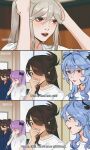  5girls absurdres beidou_(genshin_impact) blue_hair brown_hair covering_mouth english_text faceless faceless_female ganyu_(genshin_impact) genshin_impact grey_hair hair_over_one_eye hand_over_own_mouth highres hu_tao_(genshin_impact) kawaii_dake_ja_nai_shikimori-san keqing_(genshin_impact) meme multiple_girls ningguang_(genshin_impact) onlyou718 parody parted_lips purple_eyes purple_hair red_eyes teeth that&#039;s_your_girlfriend_(meme) twitter_username upper_teeth yuri 