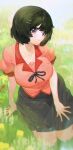  1girl absurdres arm_support bangs black_hair black_necktie black_skirt bob_cut bolo_tie breasts closed_mouth collarbone day dotori_(seulseul) full_body grass hair_between_eyes hair_ornament hairclip hand_on_own_thigh hanekawa_tsubasa highres kneeling large_breasts looking_at_viewer medium_skirt monogatari_(series) naoetsu_high_school_uniform necktie outdoors pink_shirt pleated_skirt puffy_short_sleeves puffy_sleeves purple_eyes school_uniform seiza shirt short_hair short_sleeves sitting skirt smile solo straight_hair 