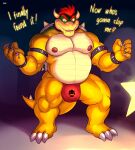  2022 absurd_res anthro bowser bracelet bulge claws clothing collar dialogue digital_media_(artwork) english_text genital_outline hi_res horn jewelry koopa male mario_bros musclegut muscular muscular_anthro muscular_male nintendo nipples non-mammal_nipples scalie solo spiked_collar spikes text thong underwear video_games zourik 