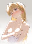  1girl bangs bare_arms bare_shoulders blonde_hair blue_eyes blush breasts cleavage closed_mouth collarbone commentary ear_blush grey_background head_tilt highres long_hair naked_towel neon_genesis_evangelion nose_blush siino simple_background small_breasts solo souryuu_asuka_langley sweat towel twitter_username upper_body v-shaped_eyebrows 