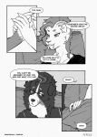  anthro bernese_mountain_dog black_and_white canid canine canis clothed clothing comic dialogue domestic_dog duo eyewear fefece felid female glasses hand_holding hi_res machairodontine male male/female mammal molosser monochrome mountain_dog speech_bubble swiss_mountain_dog text 