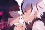  2girls arlecchino_(genshin_impact) black_hair blush closed_eyes columbina_(genshin_impact) eye_mask face-to-face genshin_impact heart imminent_kiss looking_at_another multicolored_hair multiple_girls pink_hair sweat symbol-shaped_pupils white_hair x-shaped_pupils xioviie yuri 