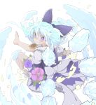  1girl absurdres alternate_eye_color back_bow barefoot blue_bow blue_dress blue_hair bow cirno detached_wings dress flower frilled_bow frilled_dress frills from_behind full_body guwinomi hair_between_eyes hair_bow highres ice ice_wings large_bow leaf looking_at_viewer looking_back medium_hair open_mouth pinafore_dress pink_flower puffy_short_sleeves puffy_sleeves purple_eyes purple_flower shirt short_sleeves solo sunflower tanned_cirno teeth touhou white_bow white_shirt wings yellow_flower 